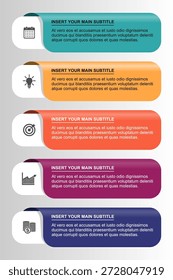 Infographic vector illustration for business process steps template featuring five colorful horizontal banners with marketing icons and copy space for corporate presentation slide layout design.