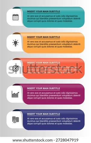 Infographic vector illustration for business process steps template featuring five colorful horizontal banners with marketing icons and copy space for corporate presentation slide layout design.