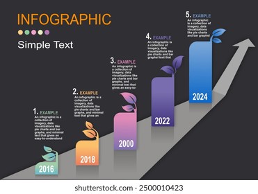 Infographic vector illustration with graph bars arranged in a gray road height with arrows at the end showing growth in steps for presentation of management learning, administration, planning, banking