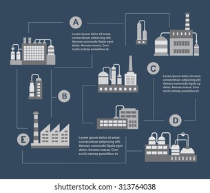 Infographic vector Illustration of gray flat  industrial buildings, boiler manufacturing, power plant. Set of warehouses  construction and factory, the substation fabric.