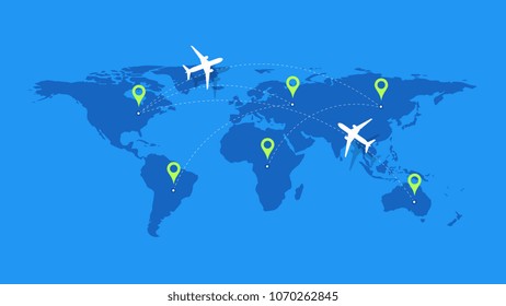 Infographic Vector Illustration With Planes, Dotted Direction Paths And Map Pointers Over Worldmap. Template For Plane Tracking Design. 