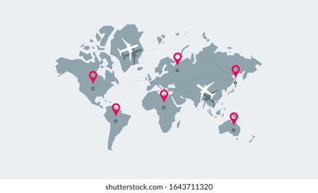 Infographic Vector Illustration With Planes, Dotted Direction Paths And Map Pointers Over World map. Template For Plane Tracking Design.