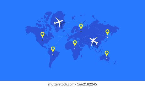 Infographic Vector Illustration With Planes, Dotted Direction Paths And Map Pointers Over Worldmap. Template For Plane Tracking Design.