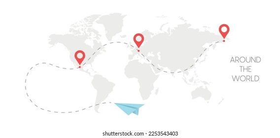 Infographic Vector Illustration With Planes, Dotted Direction Paths And Map Pointers Over Worldmap. Template For Plane Tracking Design. Vector 10 eps.