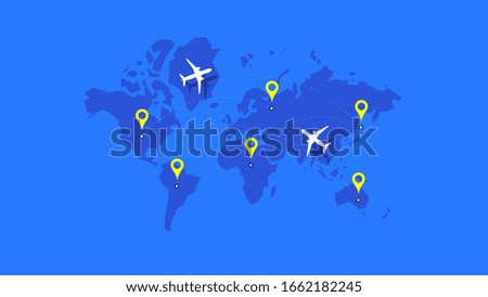 Infographic Vector Illustration With Planes, Dotted Direction Paths And Map Pointers Over Worldmap. Template For Plane Tracking Design.