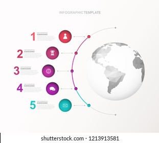 Infographic vector illustration template with five circles and icons line up beside polygonal map - light version.