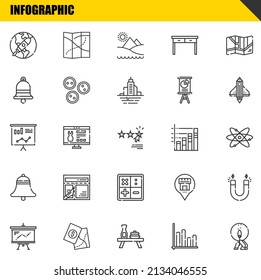 infographische Vektorgrafik-Zeilensymbole gesetzt. Start-, Präsentations- und Statistiksymbole. Dünne Linienführung. Modern gestaltete grafische Elemente, einfache Strich-Symbole, Stockillustration