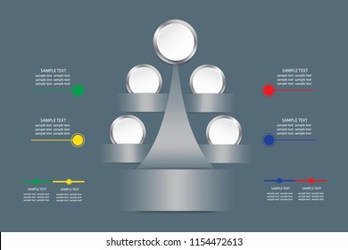 Infographic vector as a metal tree with blank white circles showing the steps of the process. You can use divided timeline and color labels for your text. All on the dark background.
