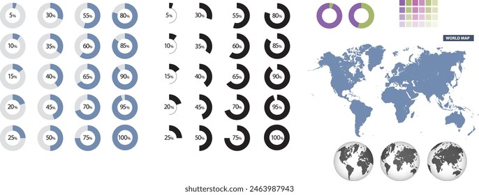 Infographic vector. Set of circle percentage diagrams from 5% to 100% and world map with earth 3D maps