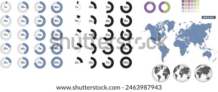 Infographic vector. Set of circle percentage diagrams from 5% to 100% and world map with earth 3D maps