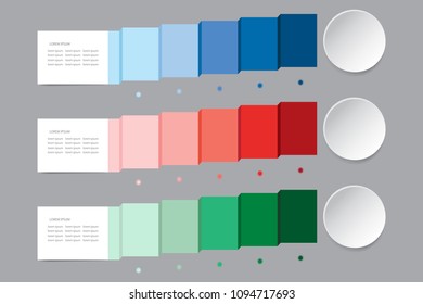 Infographic vector in shades of blue, red and green color showing in stacked paper an upward trend on the timeline. Blank rectangles and circles on the sides are ready for your text.