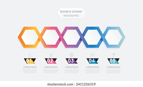 Plantilla vectorial de infografía con 5 pasos para el negocio. Etiqueta geométrica de papel 3D. para contenido, folleto, diagrama, línea de tiempo, diseño web. Vector