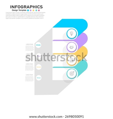 Infographic vector template for business project management with 5 steps: Initiate, Plan, Execute, and Close. Modern flat design for presentations and workflow processes.