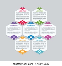 Plantilla vectorial infográfica con formas de peine de miel. Diseño de pancartas hexagonales coloridas.