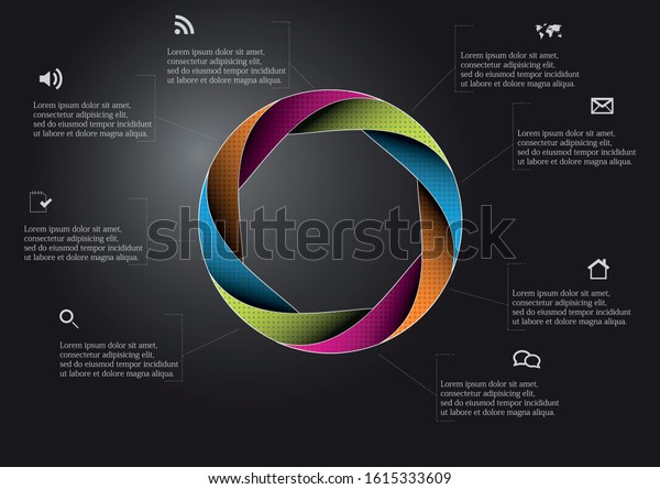 Infographic vector\
template with shape of circle. Graphic is divided to eight color\
parts filled by patterns. Each section is joined with simple sign.\
Background is dark\
black.