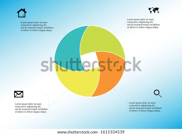 Infographic vector\
template with shape of circle. Graphic is divided to four color\
parts filled by patterns. Each section is joined with simple sign.\
Background is light\
blue.