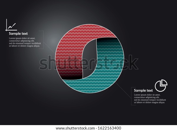 Infographic vector\
template with shape of circle. Graphic is divided to two color\
parts filled by patterns. Each section is joined with simple sign.\
Background is dark\
black.