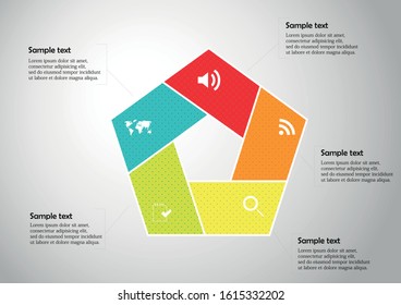 Infographic vector template with shape of pentagon. Graphic is divided to five color parts filled by patterns. Each section contains simple sign. Background is light grey.