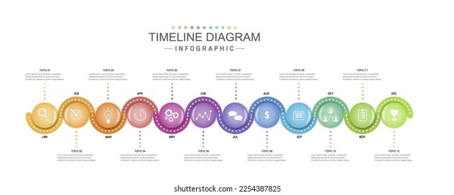 Infographic vector timeline diagram design template with icons. They can be used for process diagrams, presentations, workflow layouts, banners, flow charts, data graphs.