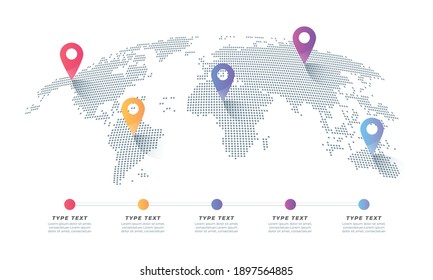 mapa mundial de vectores infográficos con múltiples ubicaciones. mapa del mundo con punteros de color y texto. Plantilla de comunicación de información de mapas del mundo simple con marcas de puntero