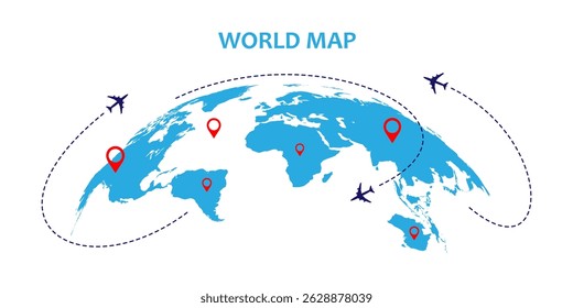 Infographic vector world map with multiple locations. world map with red pointers. Simple World map infographic communication template with pointer marks