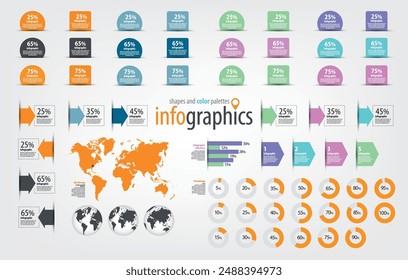 Infographic vectors, shapes, colour palette, earth map and set of percentage diagrams from 5% to 100%