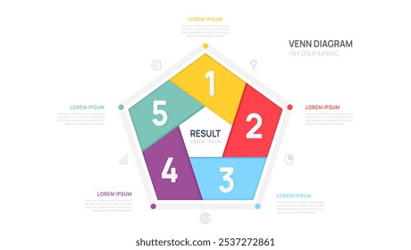 Infográfico Venn diagrama gráfico modelo pentágono 5 etapas para negócios start-up apresentação vetor ilustração.