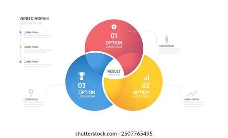 Infographic Venn diagram chart template for business 3 parts, options, presentation with venn diagram elements vector illustration.