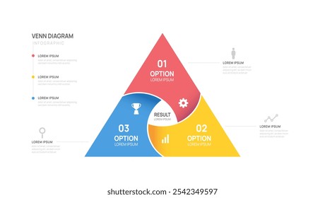 Modelo de gráfico de diagrama de Venn infográfico para negócios 3 partes, opções, apresentação com ilustração vetorial de elementos de diagrama de Venn.