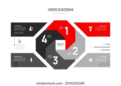 Modelo de gráfico de diagrama de Venn infográfico para negócios 4 partes, opções, apresentação com ilustração vetorial de elementos de diagrama de Venn.