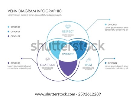 Infographic Venn diagram chart template for business 3 parts, options, presentation with venn diagram elements vector illustration.
