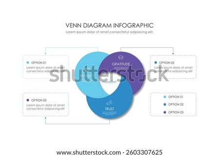 Infographic Venn diagram chart template for business 3 parts, options, presentation with venn diagram elements vector illustration.	
