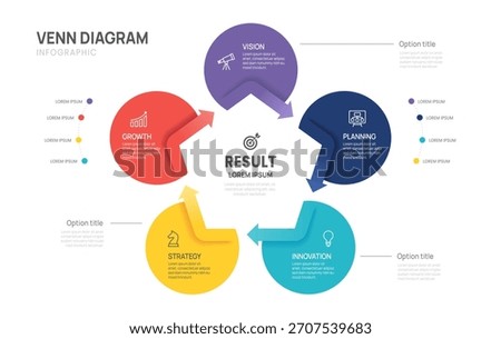 Infographic Venn diagram chart template for business 5 circle pentagon parts options, presentation with venn diagram elements vector illustration.