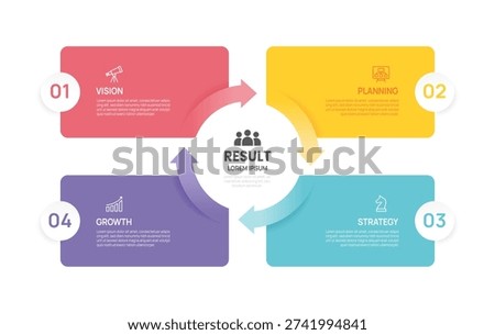 Infographic Venn diagram chart template for business 4 circle arrow label options, presentation with venn diagram elements vector illustration.