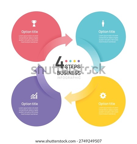 Infographic Venn diagram chart template for business 4 circle arrow label options, presentation with business icons vector illustration.