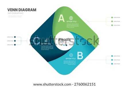 Infographic Venn diagram chart template for business 3 parts options, presentation with venn diagram elements vector illustration.