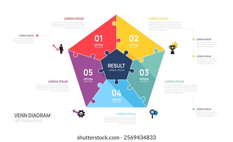 Infographic Venn diagram pentagon chart template for business 5 steps presentation with venn diagram elements vector illustration.