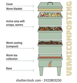 Infographic of vermicomposting. Components of vermicomposter. Vermicomposter schematic design. Worm composting. Recycling organic waste, fertilizer organic. Hand drawn vector illustration. 