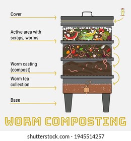 Infographic of vermicomposting. Components of vermicomposter. Vermicomposter schematic design. Worm composting. Recycling organic waste, fertilizer organic. Hand drawn vector illustration. 