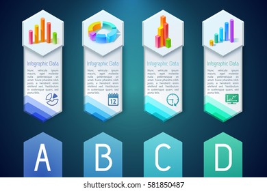 Infographic vertical banners with text 3d colorful diagrams graphs charts on hexagons and icons vector illustration