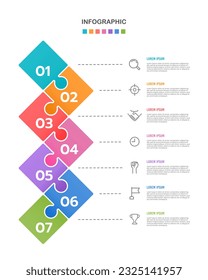 Infografische vertikale Puzzleteile mit 7 Stufen für Präsentationen. Vektorgrafik.