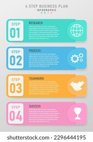 infographic vertical template simple 4 steps business planning success square multi color pastel right white icon gray gradient background design for marketing, product, finance, project, investment