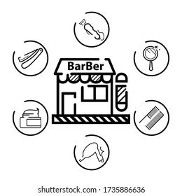 infographic vintage barber shop logo, labels, badges and design element. Barbershop equipment, tools, cosmetics vector icons 