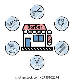 infographic vintage barber shop logo, labels, badges and design element. Barbershop equipment, tools, cosmetics vector icons 