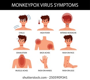 Infographic Virus Monkeypox. Symptoms and causes skin infections. vector illustration