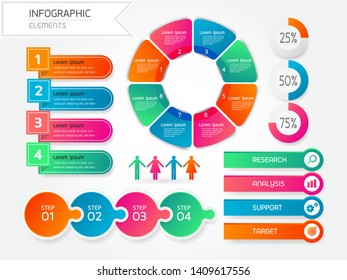 Infographic visualization layout business concept, vector illustration. Gradient color elements, banner, pie chart,step process and icons. 
