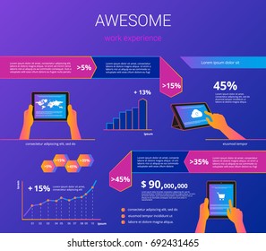 Infographic visualization of usability tablet pc. Gradient line vector illustration of human hands hold digitel tablet for project presentation or e-commerce user experience with design elements