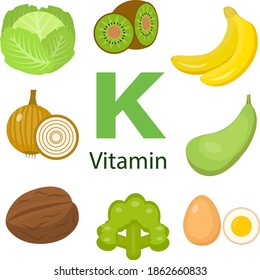 Infographic vitamin K  product set: lettuce, banana, avocado, asparagus, walnut, broccoli, wheat, sorrel, watercress, pea, kiwi. Healthy lifestyle and diet vector concept