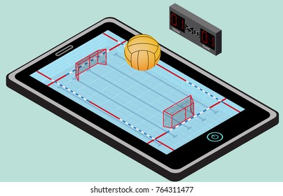 Infographic water polo playground, ball, net, and tablet. Isometric water polo image. Isolated. In vector