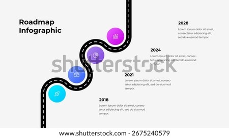 Infographic of a wavy road path showing milestones or timeline events. Suitable for project management, business goals representation, and step-by-step process presentations vividly illustrated